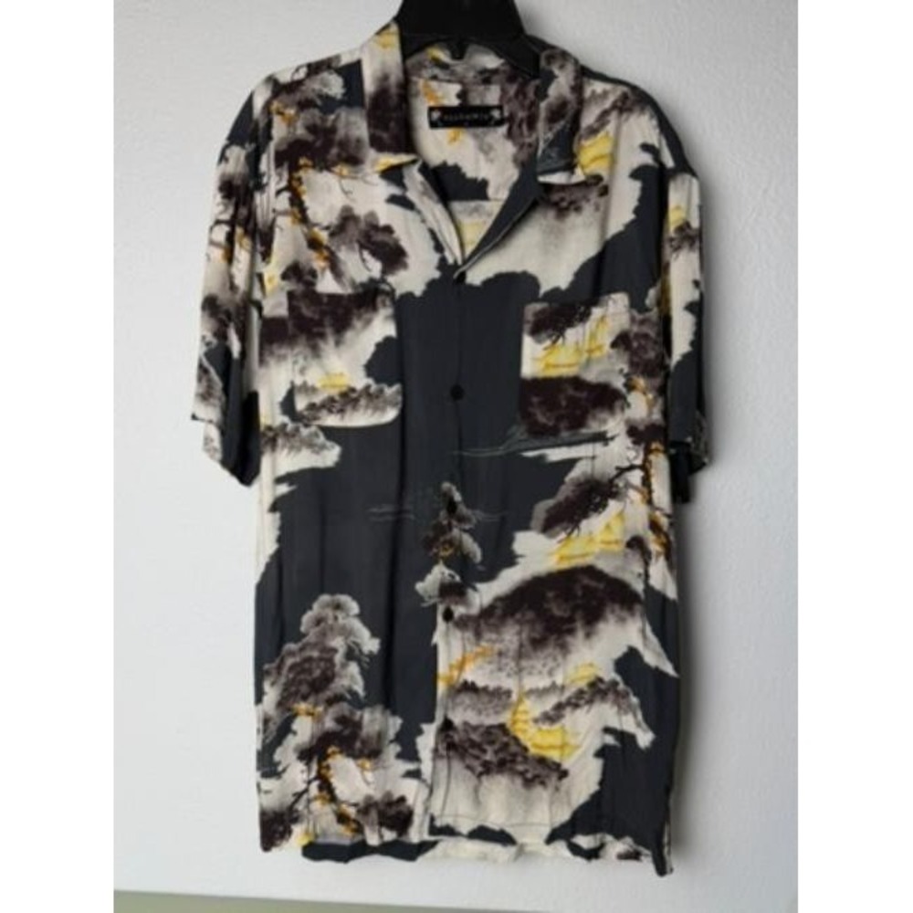 AllSaints Mens M Hawaiian Camp Collar Shirt Black Landscape Print Resort Rayon